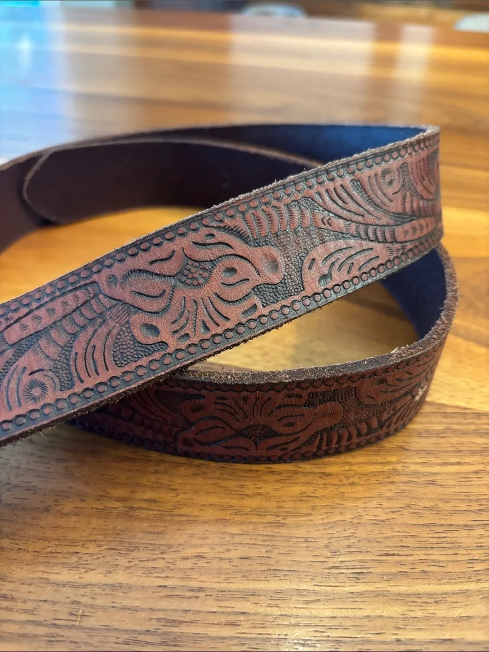 Western Brown Leather Tooled Belt with Brass Tone Buckle 34” Unisex